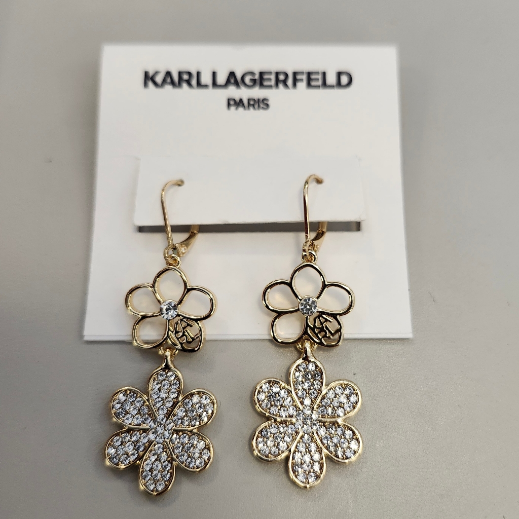 Nwt Karl Lagerfeld Gold-Tone Crystal Pav Flower Double Drop Earrings 20$